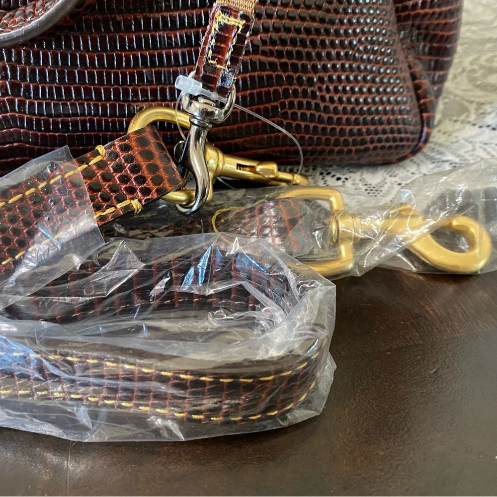 Dooney & Bourke Dark Brown Lizard-Embossed Satchel with Gold Hardware